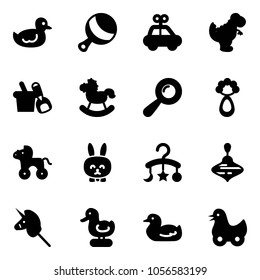 Solid vector icon set - duck toy vector, beanbag, car, dinosaur, shovel bucket, rocking horse, wheel, rabbit, baby carousel, wirligig, unicorn stick