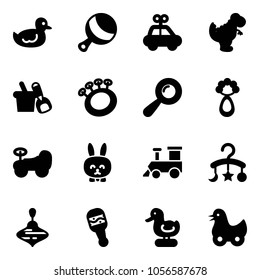 Solid vector icon set - duck toy vector, beanbag, car, dinosaur, shovel bucket, baby, rabbit, train, carousel, wirligig