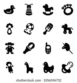 Solid vector icon set - duck toy vector, pyramid, rocking horse, beanbag, teethers, wheel, doll, phone, unicorn stick, giraffe, soother