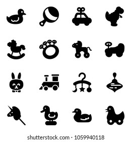 Solid vector icon set - duck toy vector, beanbag, car, dinosaur, rocking horse, wheel, baby, rabbit, train, carousel, wirligig, unicorn stick