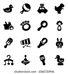 Solid vector icon set - duck toy vector, beanbag, car, dinosaur, shovel bucket, xylophone, rabbit, baby carousel, wirligig
