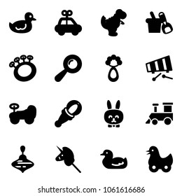 Solid vector icon set - duck toy vector, car, dinosaur, shovel bucket, beanbag, xylophone, baby, rabbit, train, wirligig, unicorn stick