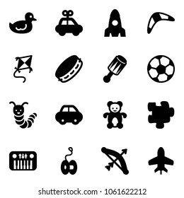 Solid vector icon set - duck toy vector, car, rocket, boomerang, kite, tambourine, beanbag, soccer ball, caterpillar, bear, puzzle, piano, yoyo, bow, plane