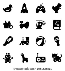 Solid vector icon set - duck toy vector, rocket, joystick, dinosaur, shovel bucket, baby car, helicopter, abc book, beanbag, train, beach ball, robot, giraffe, radio, cat