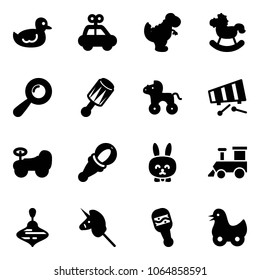 Solid vector icon set - duck toy vector, car, dinosaur, rocking horse, beanbag, wheel, xylophone, baby, rabbit, train, wirligig, unicorn stick