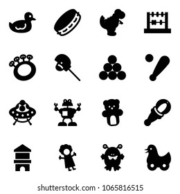 Solid vector icon set - duck toy vector, tambourine, dinosaur, abacus, beanbag, horse stick, billiards balls, baseball bat, ufo, robot, bear, block house, doll, monster