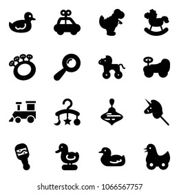 Solid vector icon set - duck toy vector, car, dinosaur, rocking horse, beanbag, wheel, baby, train, carousel, wirligig, unicorn stick