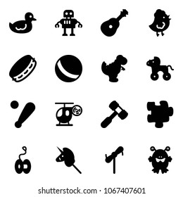 Solid vector icon set - duck toy vector, robot, guitar, chicken, tambourine, ball, dinosaur, wheel horse, baseball bat, helicopter, hammer, puzzle, yoyo, unicorn stick, windmill, monster