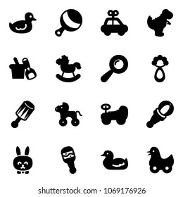 Solid vector icon set - duck toy vector, beanbag, car, dinosaur, shovel bucket, rocking horse, wheel, baby, rabbit