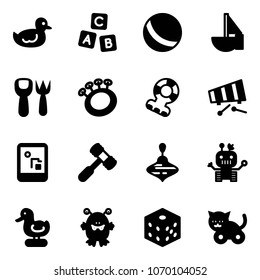 Solid vector icon set - duck toy vector, abc cube, ball, sailboat, shovel fork, beanbag, teethers, xylophone, game console, hammer, wirligig, robot, monster, bones, cat