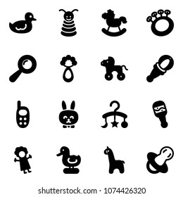 Solid vector icon set - duck toy vector, pyramid, rocking horse, beanbag, wheel, phone, rabbit, baby carousel, doll, giraffe, soother