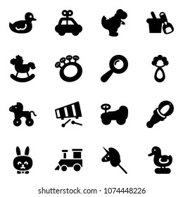 Solid vector icon set - duck toy vector, car, dinosaur, shovel bucket, rocking horse, beanbag, wheel, xylophone, baby, rabbit, train, unicorn stick