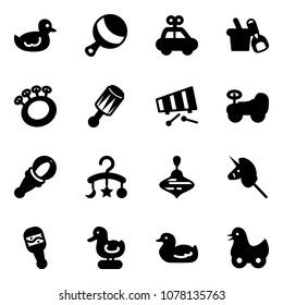 Solid vector icon set - duck toy vector, beanbag, car, shovel bucket, xylophone, baby, carousel, wirligig, unicorn stick