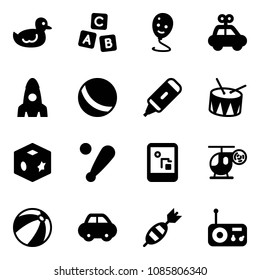 Solid vector icon set - duck toy vector, abc cube, balloon smile, car, rocket, ball, marker, drum, baseball bat, game console, helicopter, beach, dart, radio