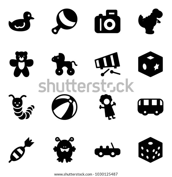 Solid vector icon set - duck\
toy vector, beanbag, camera, dinosaur, bear, wheel horse,\
xylophone, cube, caterpillar, beach ball, doll, bus, dart, monster,\
car, bones