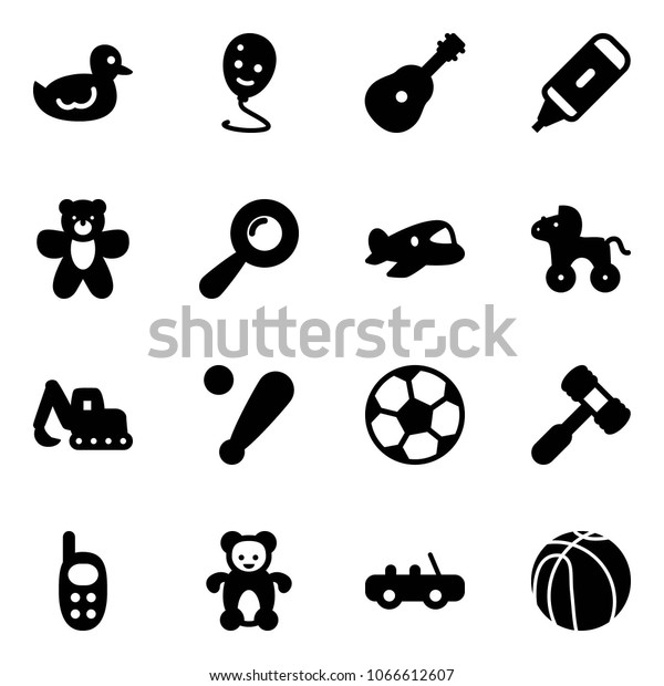 Solid vector icon\
set - duck toy vector, balloon smile, guitar, marker, bear,\
beanbag, plane, wheel horse, excavator, baseball bat, soccer ball,\
hammer, phone, car,\
basketball