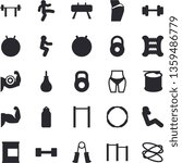 Solid vector icon set - dumbbell flat vector, barbell, weight, muscles, buttocks, waistline, carpal expander, parallel bars, sports equipment horse, pear, fitball, gymnastics, squats, swing press