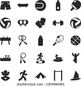Solid vector icon set - dumbbell flat vector, skateboard, basketball, volleyball, skipping rope, parallel bars, sports equipment horse, pear, athletic shorts, tennis ball, boxing gloves, yoga, run