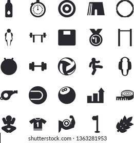 Solid vector icon set - dumbbell flat vector, barbell, medal, whistle, bowling ball, volleyball, achievement chart, weighing machine, centimeter, muscles, stopwatch, parallel bars, athletic shorts