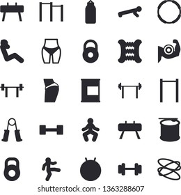 Solid vector icon set - dumbbell flat vector, barbell, weight, muscles, buttocks, waistline, carpal expander, parallel bars, sports equipment horse, pear, fitball, gymnastics, push up, swing press