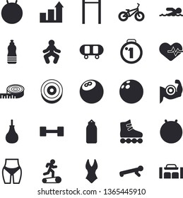 Solid vector icon set - dumbbell flat vector, medal, bowling ball, skateboard, heartbeat, achievement chart, centimeter, muscles, waistline, bicycle, parallel bars, sports pear, fitball, swimsuit