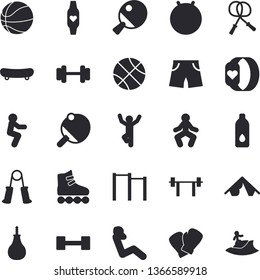 Solid vector icon set - dumbbell flat vector, barbell, skateboard, basketball, skipping rope, carpal expander, parallel bars, sports pear, athletic shorts, fit ball, boxing gloves, roller Skates