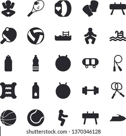Solid vector icon set - dumbbell flat vector, skateboard, basketball, volleyball, skipping rope, carpal expander, sports equipment horse, pear, tennis ball, fitball, boxing gloves, yoga, gymnastics