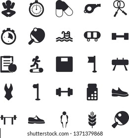 Solid vector icon set - dumbbell flat vector, barbell, whistle, sneakers, skateboard, diet, weighing machine, vitamins, stopwatch, skipping rope, sports equipment horse, flag, swimsuit, pills, yoga