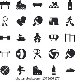 Solid vector icon set - dumbbell flat vector, barbell, skateboard, basketball, volleyball, skipping rope, parallel bars, sports equipment horse, athletic shorts, boxing gloves, roller Skates, water