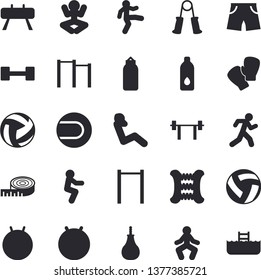 Solid vector icon set - dumbbell flat vector, barbell, volleyball, centimeter, carpal expander, parallel bars, sports equipment horse, pear, athletic shorts, tennis ball, fitball, boxing gloves, run