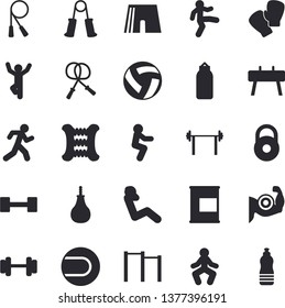 Solid vector icon set - dumbbell flat vector, barbell, weight, volleyball, muscles, skipping rope, carpal expander, parallel bars, sports equipment horse, pear, athletic shorts, tennis ball, squats