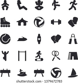 Solid vector icon set - dumbbell flat vector, volleyball, skipping rope, carpal expander, parallel bars, sports equipment horse, athletic shorts, tennis ball, boxing gloves, roller Skates, yoga, run