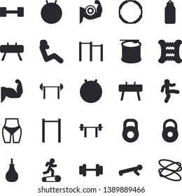 Solid vector icon set - dumbbell flat vector, barbell, weight, muscles, waistline, carpal expander, parallel bars, sports equipment horse, pear, fitball, Treadmill, gymnastics, push up, swing press