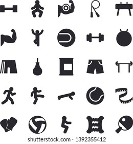 Solid vector icon set - dumbbell flat vector, barbell, volleyball, centimeter, muscles, skipping rope, carpal expander, sports equipment horse, pear, athletic shorts, tennis ball, fitball, squats