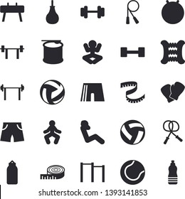Solid vector icon set - dumbbell flat vector, barbell, volleyball, centimeter, skipping rope, carpal expander, parallel bars, sports equipment horse, pear, athletic shorts, tennis ball, fitball
