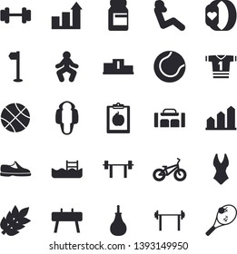 Solid vector icon set - dumbbell flat vector, barbell, pedestal, sneakers, basketball, diet, achievement chart, bicycle, vitamins, sports equipment horse, pear, flag, tennis ball, swimsuit, pool