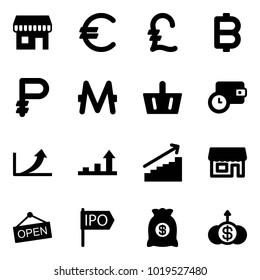 Solid vector icon set - duty free vector, euro, pound, bitcoin, ruble, monero, basket, wallet time, growth arrow, store, open, ipo, money bag, dollar