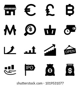 Solid vector icon set - duty free vector, euro, pound, bitcoin, monero, money search, basket, wallet time, growth arrow, open, ipo, bag