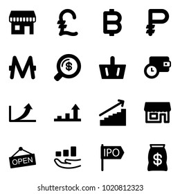 Solid vector icon set - duty free vector, pound, bitcoin, ruble, monero, money search, basket, wallet time, growth arrow, store, open, ipo, bag