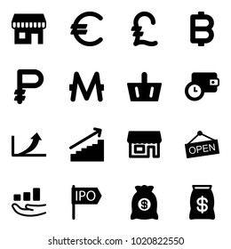 Solid vector icon set - duty free vector, euro, pound, bitcoin, ruble, monero, basket, wallet time, growth arrow, store, open, ipo, money bag