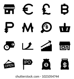 Solid vector icon set - duty free vector, euro, pound, bitcoin, ruble, monero, money search, basket, wallet time, growth arrow, store, open, ipo, bag