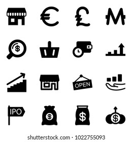 Solid vector icon set - duty free vector, euro, pound, monero, money search, basket, wallet time, growth arrow, store, open, ipo, bag, dollar