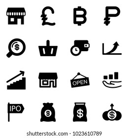 Solid vector icon set - duty free vector, pound, bitcoin, ruble, money search, basket, wallet time, growth arrow, store, open, ipo, bag, dollar