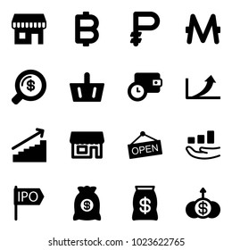Solid vector icon set - duty free vector, bitcoin, ruble, monero, money search, basket, wallet time, growth arrow, store, open, ipo, bag, dollar