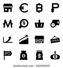 Solid vector icon set - duty free vector, euro, bitcoin, ruble, monero, money search, basket, wallet time, growth arrow, store, open, ipo, bag, dollar