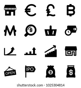 Solid vector icon set - duty free vector, euro, pound, bitcoin, monero, money search, basket, wallet time, growth arrow, store, open, ipo, bag