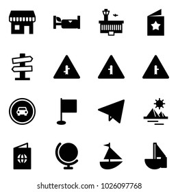 Solid vector icon set - duty free vector, hotel, airport building, star postcard, road signpost sign, intersection, no car, flag, paper fly, pyramid, passport, globe, sailboat toy