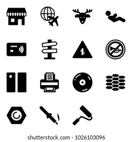 Solid vector icon set - duty free vector, plane globe, christmas deer, abdominal muscles, tap pay, road signpost sign, intersection, no horn, pause, printer, cd, carbon, nut, soldering iron
