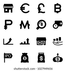 Solid vector icon set - duty free vector, euro, pound, bitcoin, ruble, monero, money search, wallet time, growth arrow, store, ipo, bag, dollar
