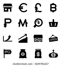 Solid vector icon set - duty free vector, euro, pound, bitcoin, ruble, monero, money search, basket, growth arrow, store, open, ipo, bag, dollar